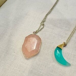 Rose Quartz Pendant Becklace and Crescent Moon Gemstone Pendant Necklace Set